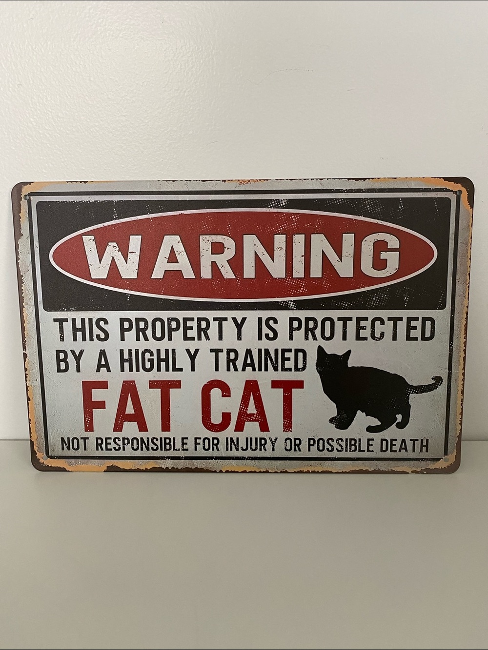 Warning Fat Cat Metal Sign - Red, Black, White